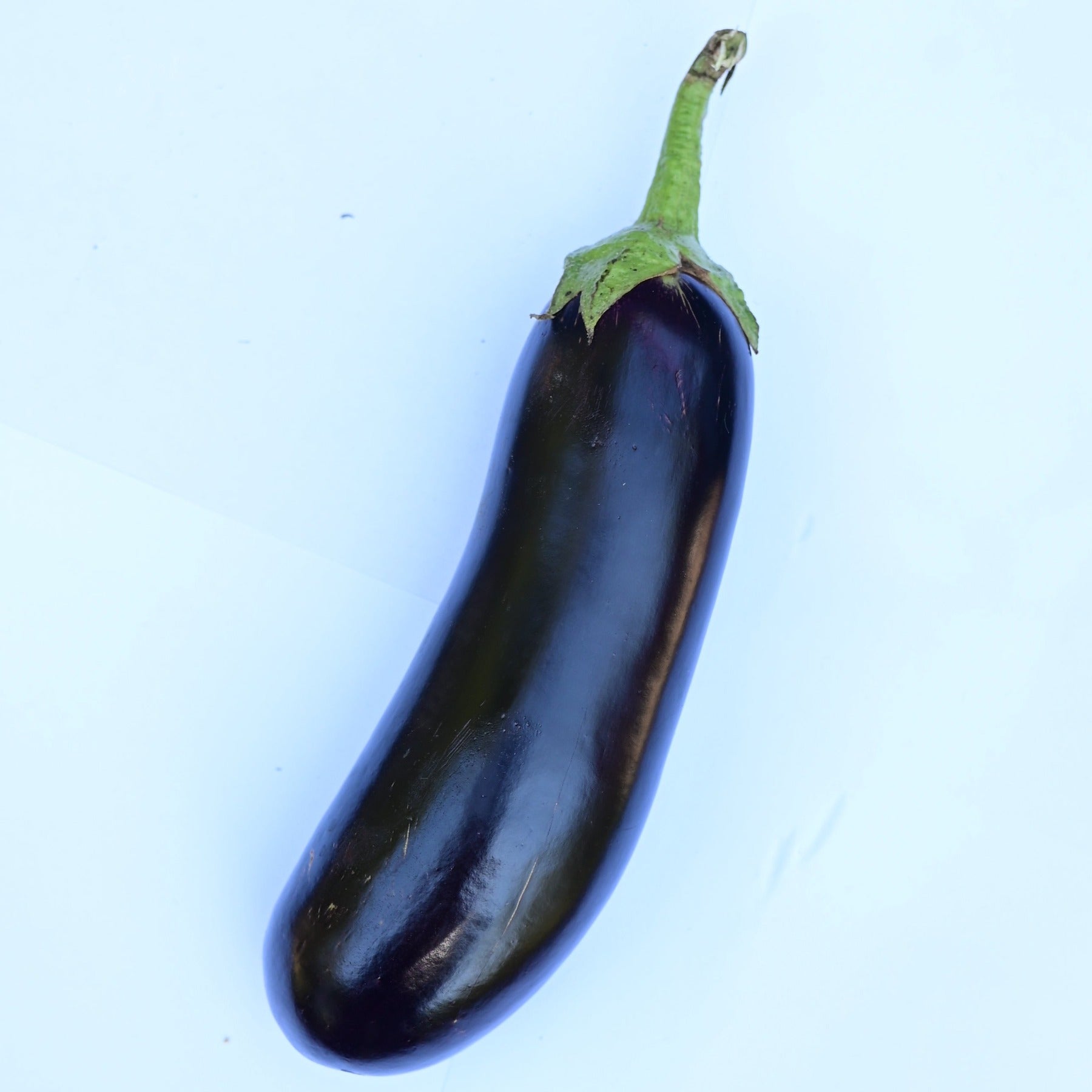 Purple teardrop shaped eggplant on a white background.