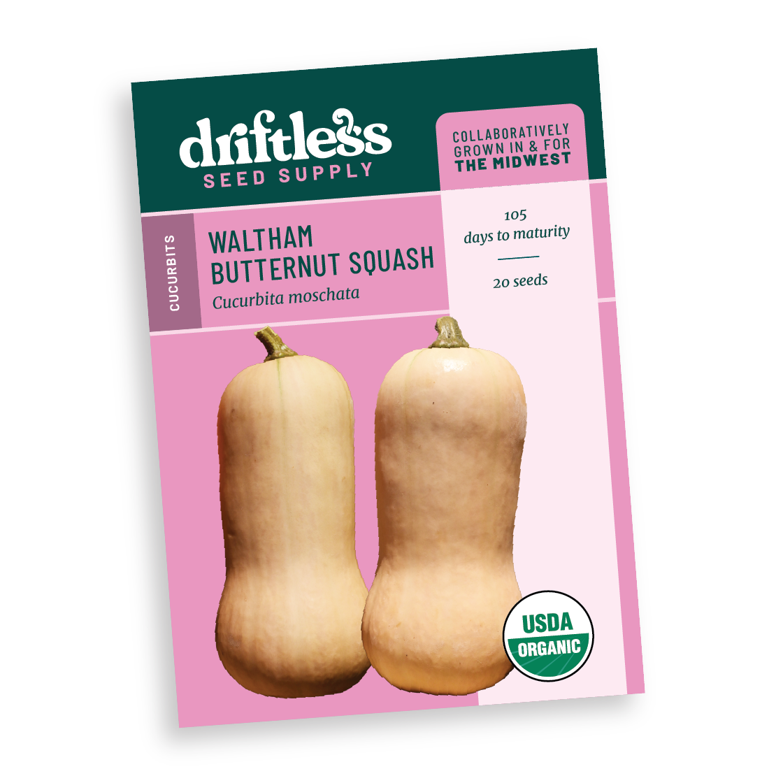 Packet of Waltham Butternut Squash seeds on a checkered background